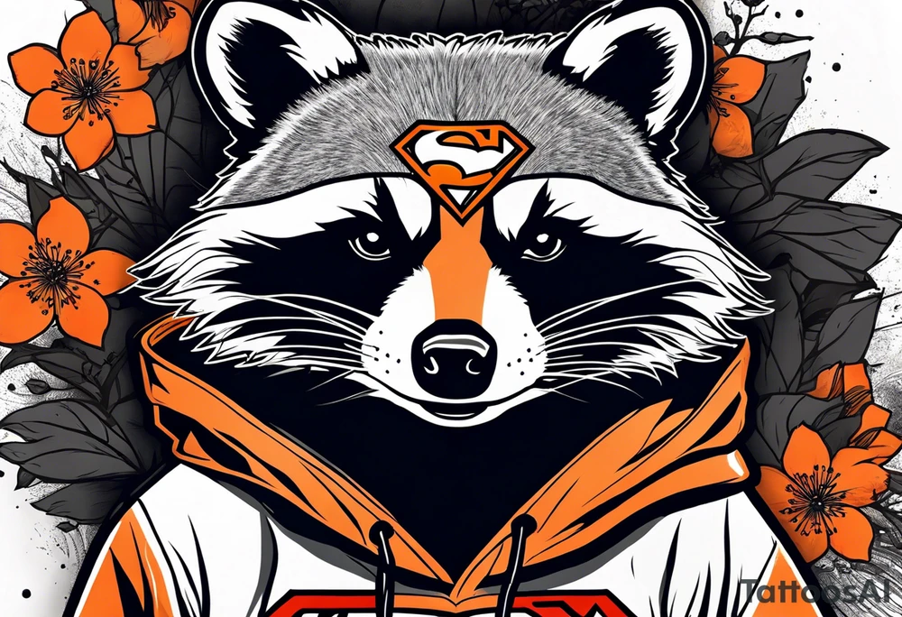 raccoon wearing a Superman hoodie with black and white logo and orange Japanese cherry blossoms tattoo idea