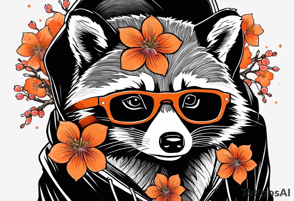 Raccoon wearing a white Superman logo on a black hoodie and orange Japanese cherry blossoms beside tattoo idea