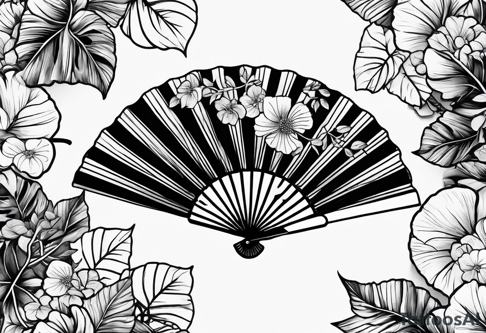 Japanese fan mostly black with basic leaves around it tattoo idea