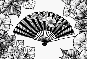Japanese fan mostly black with basic leaves around it tattoo idea