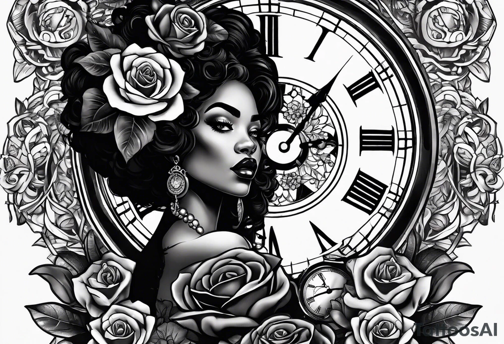 A feminine arm sleeve with a black African witchy queen woman with no eyes, a granddaddy clock with roses. tattoo idea