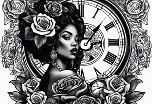 A feminine arm sleeve with a black African witchy queen woman with no eyes, a granddaddy clock with roses. tattoo idea
