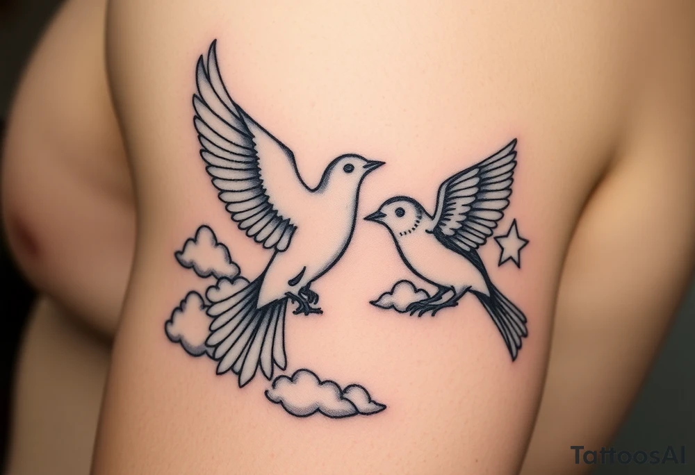 Dove and a blue jay, clouds, shining light to or from heaven tattoo idea