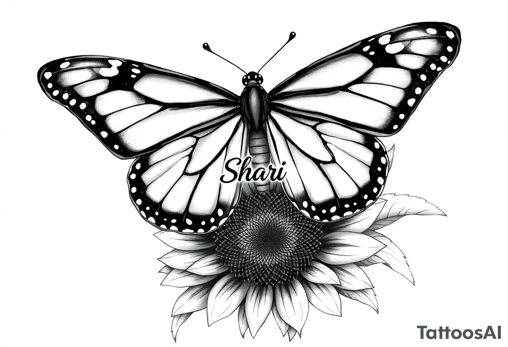 The central focus is a large butterfly with intricate wing patterns, which appears to be a monarch butterfly. It is resting on a sunflower, with its wings spread open.With the name Shari between the wings tattoo idea