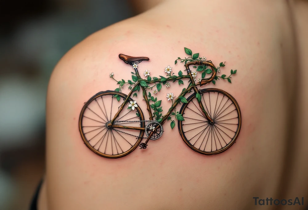 A bicycle with a handlebar made of twisted vines, with green leaves and small white flowers creeping around it, symbolizing growth and connection to nature. tattoo idea