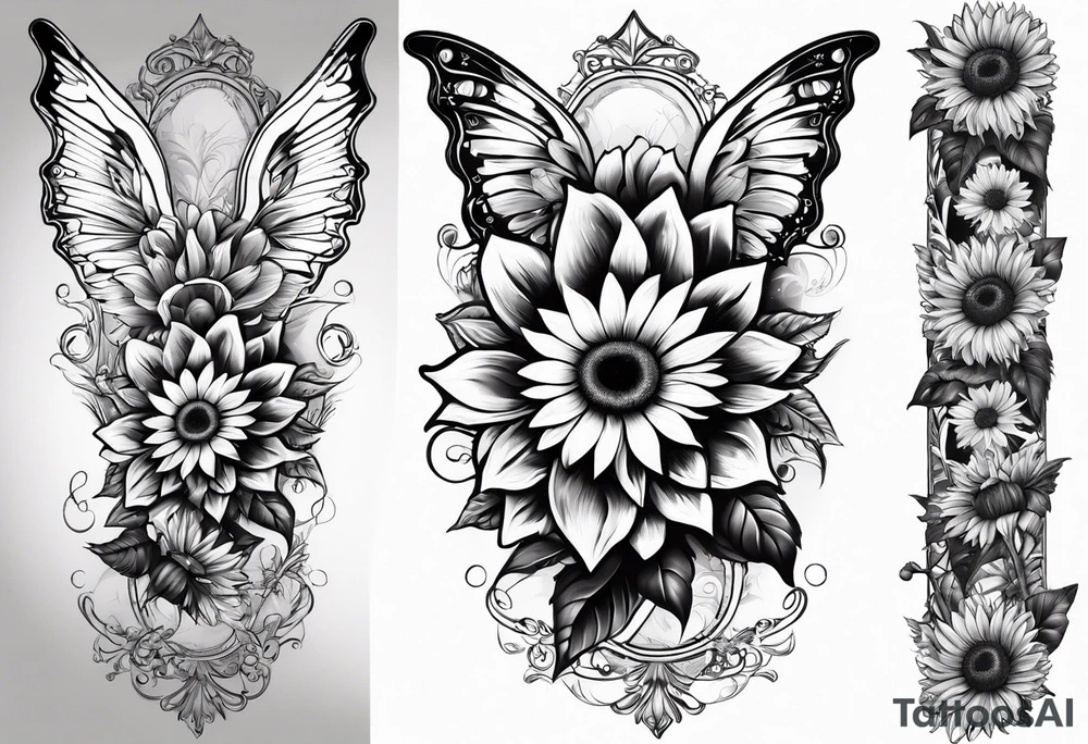 Arm sleeve with Winged cross with sunflower and butterflies tattoo idea