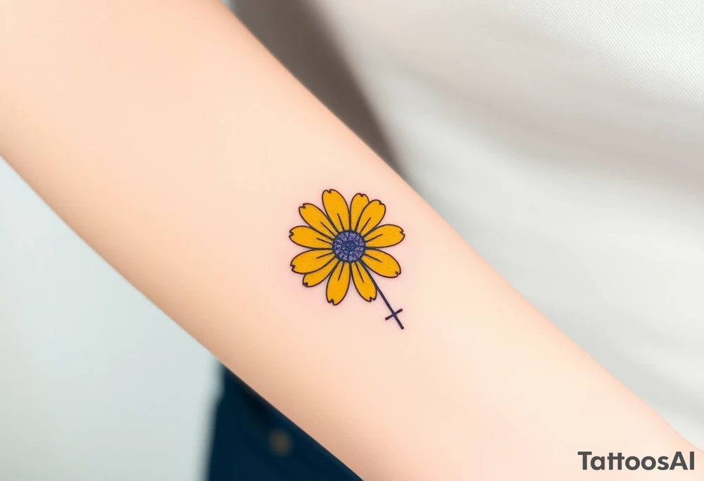 Simple yellow daisy with Purple Hearts & cross tattoo idea