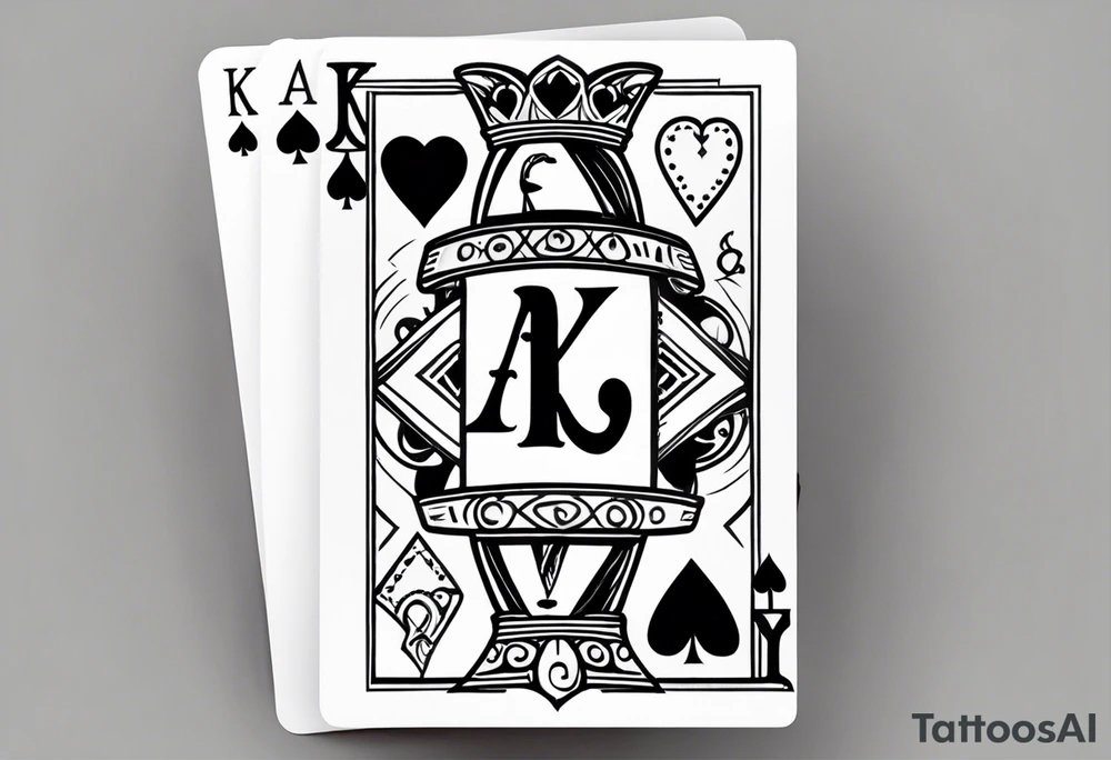 Only  Two cards no faces just letters and shapes, king of hearts with the K in the middle of the card and hearts in the corners and the Ace of spades behind it with the A in the corner peeking from behind the king of hearts card tattoo idea