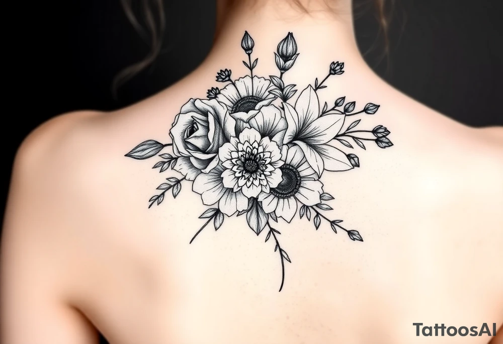 Bouquet of al these flower; Rose, carnation, lily, aster, larksper tattoo idea