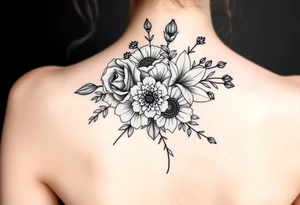 Bouquet of al these flower; Rose, carnation, lily, aster, larksper tattoo idea