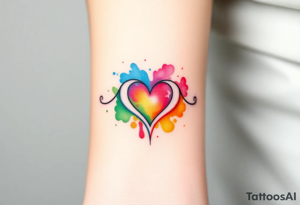 A watercolor infinity symbol with heart in rainbow colors tattoo idea