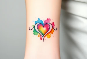 A watercolor infinity symbol with heart in rainbow colors tattoo idea