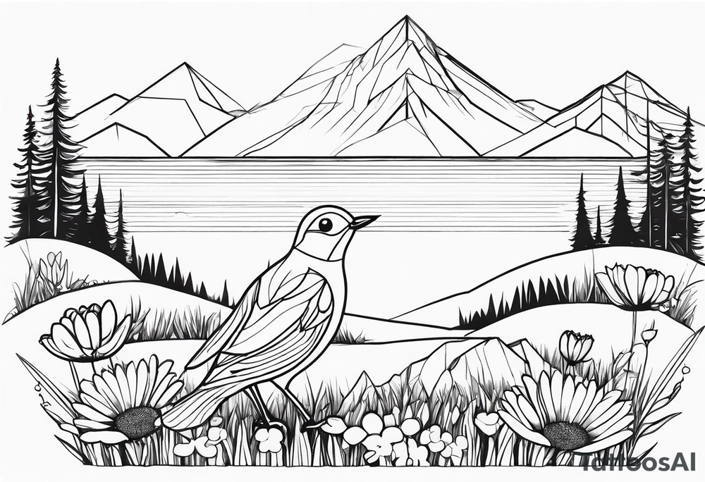 Geometric small bird outline sitting in grass and daisys with mountains in view tattoo idea