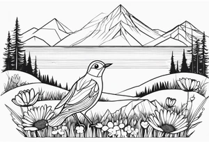 Geometric small bird outline sitting in grass and daisys with mountains in view tattoo idea