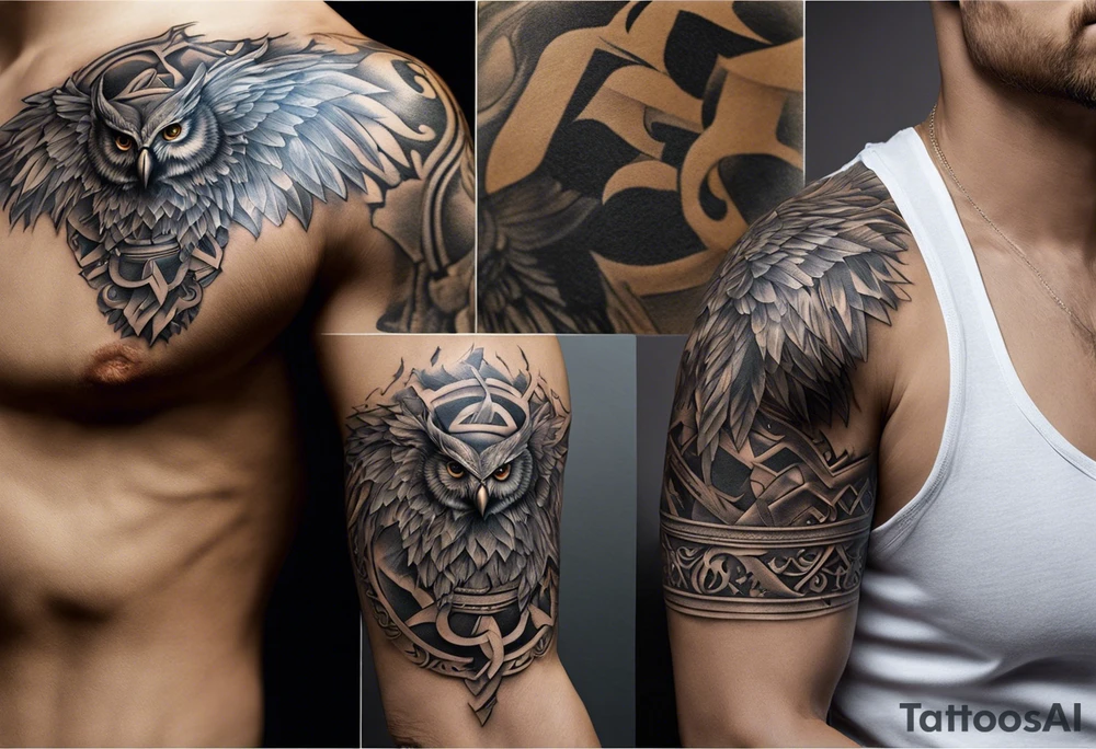 Realistic Tattoo: A lifelike portrayal of a Greek mythological figure, depicted with classic or heroic attributes and detailed in a majestic, powerful stance. The character is surrounded by subtle elements related to their symbolism (like lightning, an owl, or a trident), creating a connection to their mythological story. The figure is detailed and lifelike, embodying qualities such as strength, wisdom, or courage. Style: Realism tattoo idea