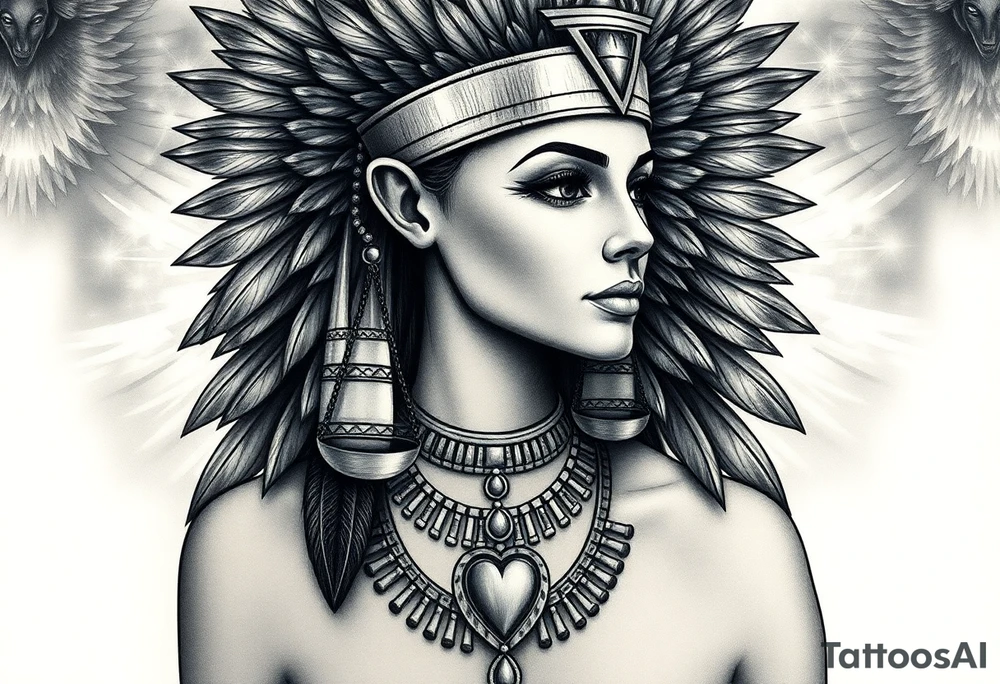 Beautiful Egyptian goddess woman’s face and elegant body, depicted as a regal woman with an ostrich feather headdress, and intricate ancient Egyptian jewelry, the Anhk necklace. Background includes something similar to heaven, as one is walking into it. Incorporate the Scales of Justice—one side holding a heart, the other Ma’at’s feather—glowing with ethereal energy. Emphasize dramatic lighting, deep shadows, and surreal, mystical atmosphere tattoo idea