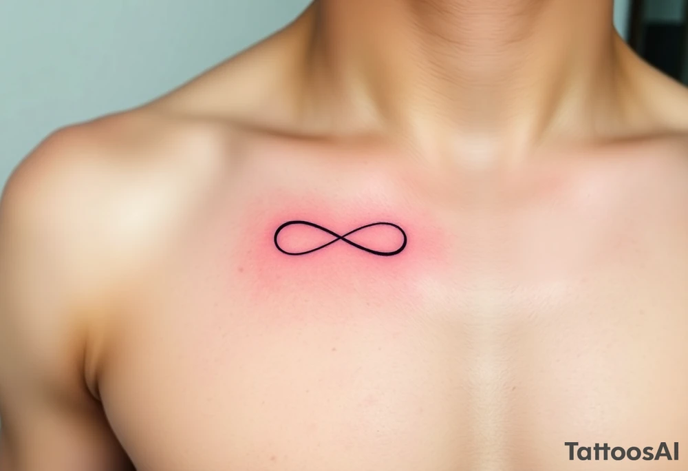Quero uma tatuagem no antebraço, simples e elegante. O design deve começar com a data de nascimento do meu avô 08-03-1955escrita em vermelho, seguida de um símbolo de infinito em branco, com uma leve sombra ao redor para destacá-lo. O símbolo de infinito deve continuar numa linha reta, como se fosse um infinito sem fim. A linha deve ser discreta e uniforme, mantendo um estilo minimalista. tattoo idea