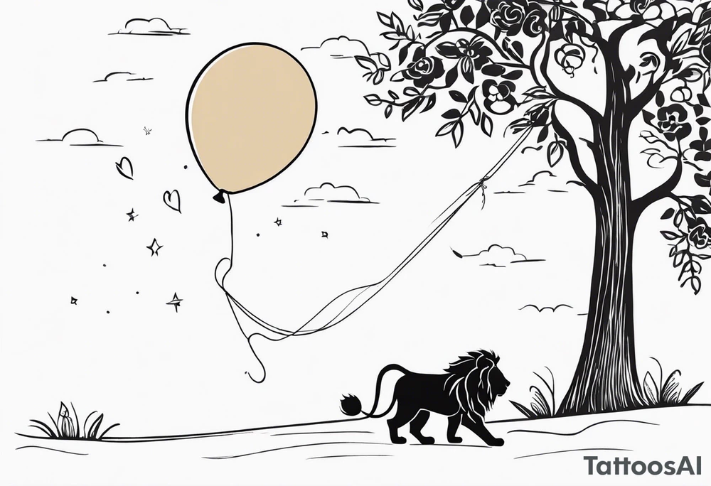 tatoo in sketch style only.
A little lion boy is holding a string to the hearth shaped small party baloon.
lion boy should be drawed from behind and has one hand reaching up in 45 degree angle and holding the baloon string
On the string is a wave which look like a hearbeat pulse.
draw it without any scenery, without any background. Just a boy 
Add heartbeat pulse on the string tattoo idea