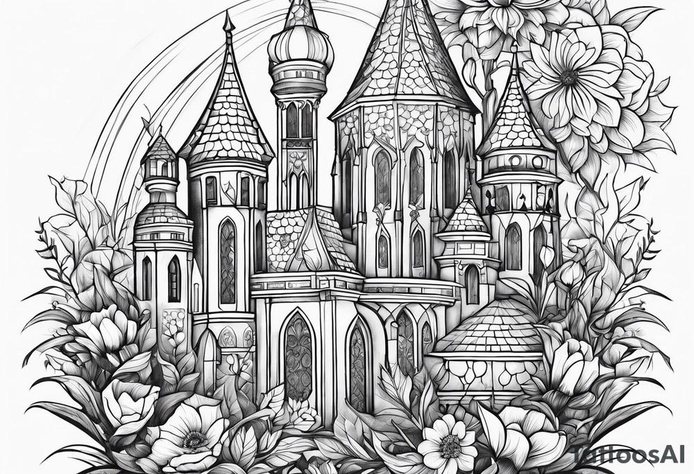 medieval tribal city land flowers vignette tattoo idea