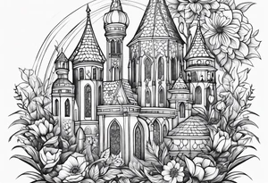 medieval tribal city land flowers vignette tattoo idea