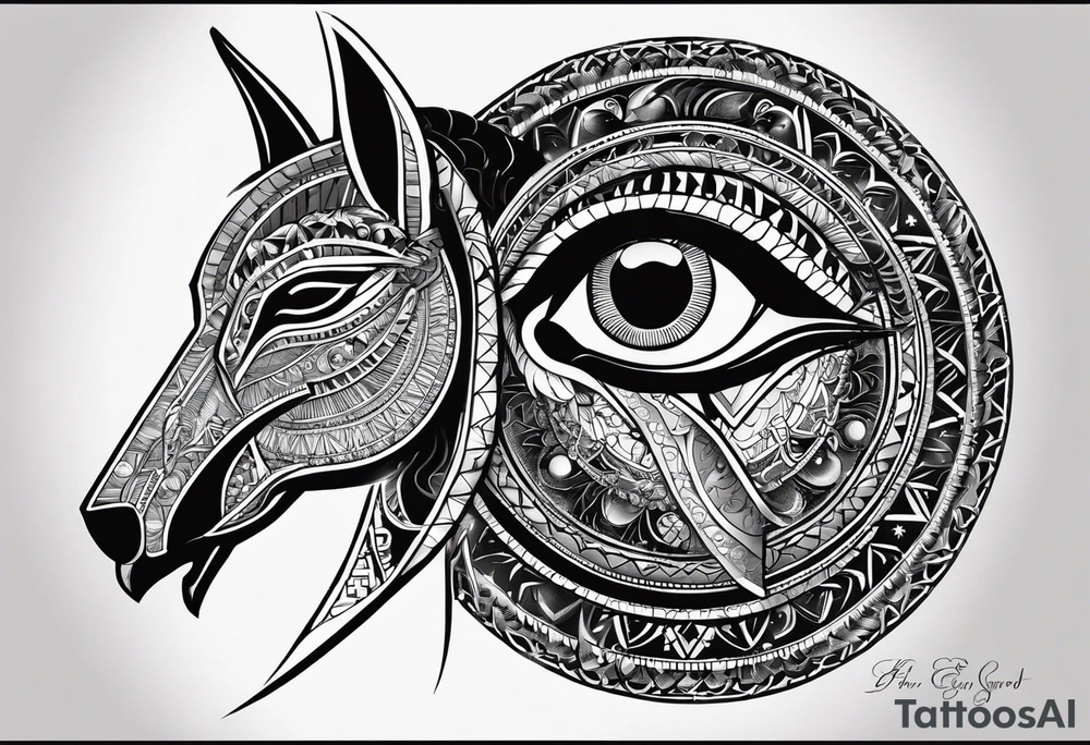 OLHO EGIPCIO ESAUERDO DE HORUS EM VOLTA O CICLO LUNAR, DENTRO DE UM ESPELHO E UM PEQUENO PENTAGRAMA tattoo idea