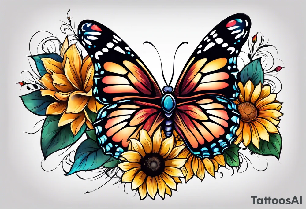 animal butterfly , flower rose, sunflower, tattoo idea