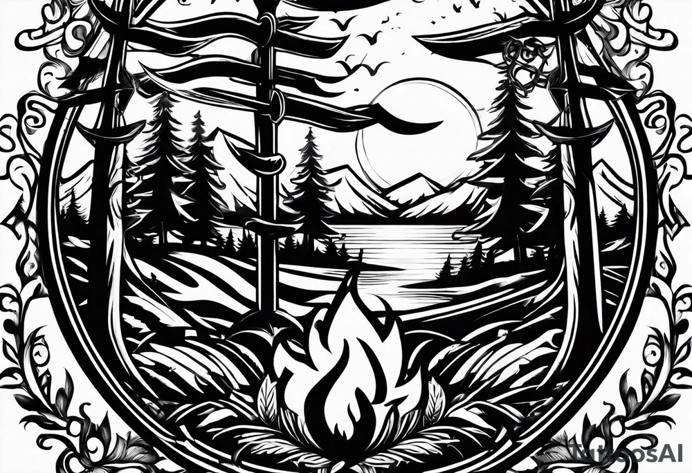 cross, campfire, golf , whiskey glass, cabin tattoo idea