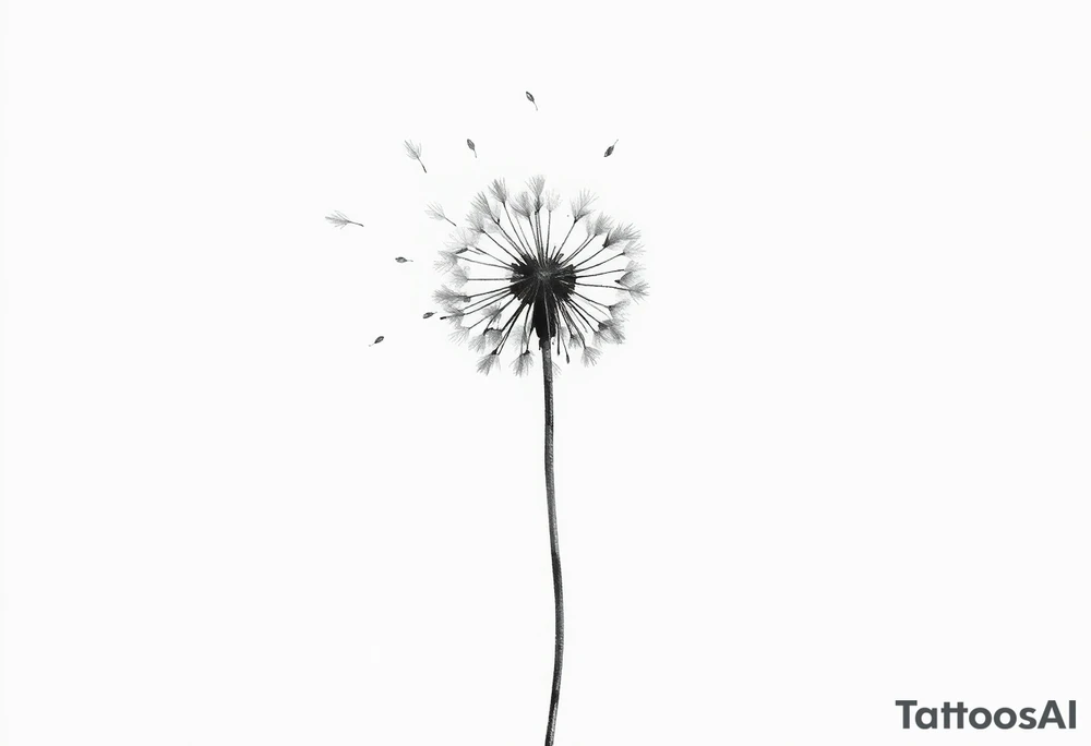 Dandelion
This image showcases a black-and-white watercolor-style illustration of a dandelion. The dandelion is depicted in fine detail, with its delicate seeds dispersing into the air. The artistic approach includes an ink-wash effect, where the stems appear to be dripping down like wet ink or paint, creating a dreamy and fluid aesthetic.

The background is minimalistic, with soft splatters and shading, adding to the abstract and ethereal feel. The contrast between the dark ink and the white background gives the image a striking, modern, and artistic look. It conveys themes of freedom, change, and the fleeting nature of time. Let me know if you need any modifications or a custom version of this design! tattoo idea