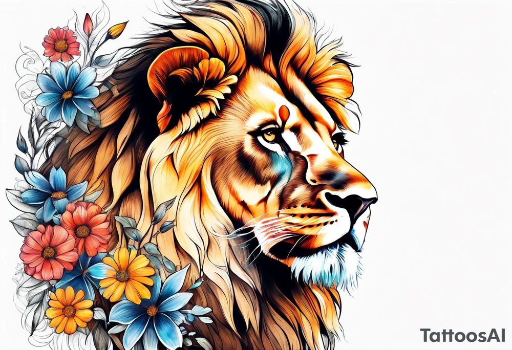Lion with flowers tattoo idea
