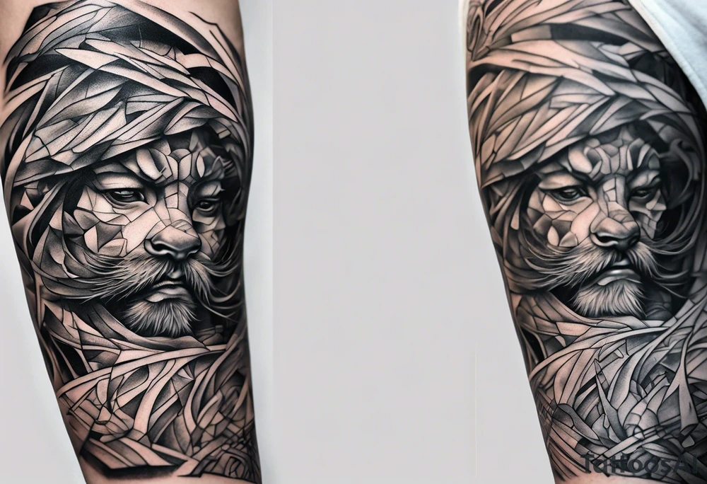 extreme fragmented twisted tissue anger pain on elbow tattoo idea