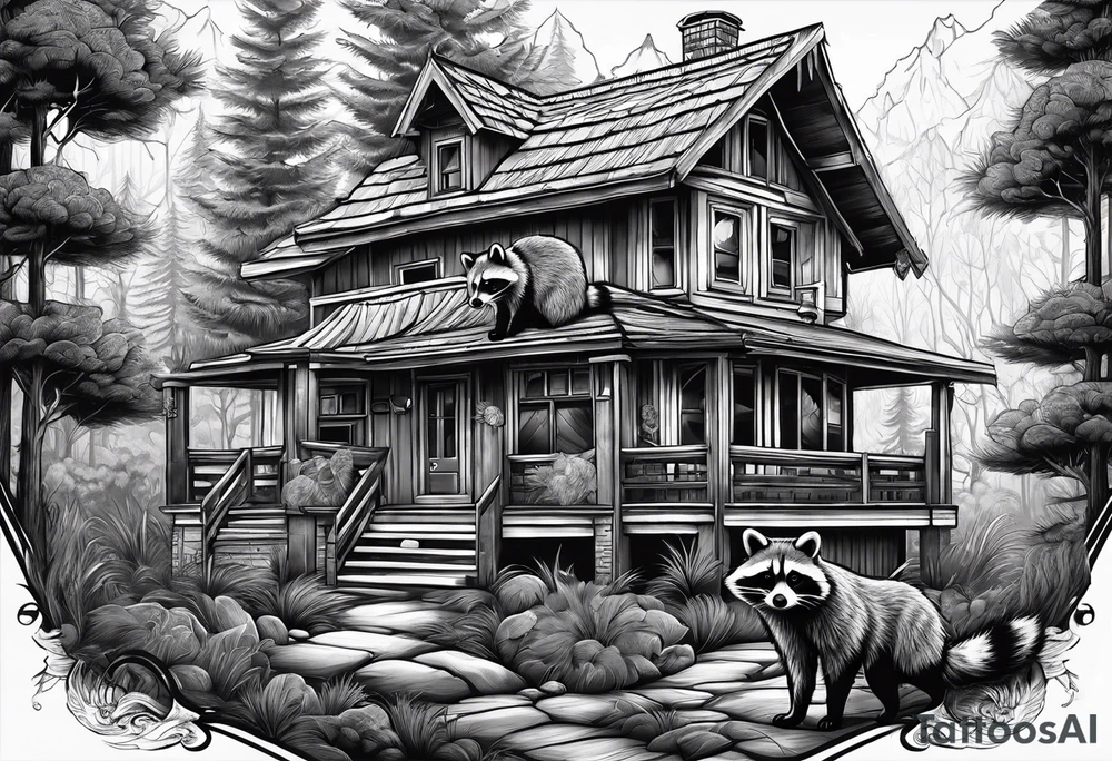 Very detailed Raccoon Husband with wife and 3 sons.
Background modern House between woods tattoo idea