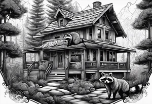 Very detailed Raccoon Husband with wife and 3 sons.
Background modern House between woods tattoo idea