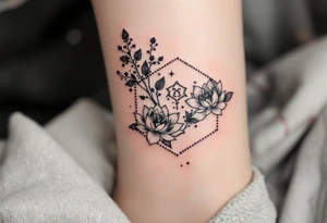 Small Feminine simple Dotted Line hexagon with Leo astrological symbol surrounded by larkspurs and water lilies tattoo idea