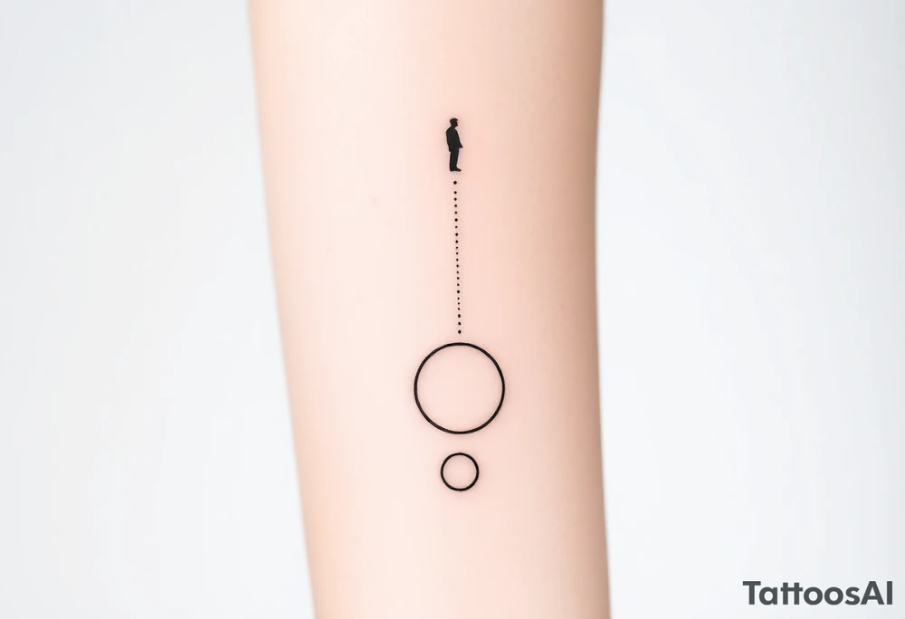 Minimalist forearm tattoo, black ink only, representing legacy and father-son connection. Two interlocking circles along an ascending abstract path, one fading at the bottom (father) and one growing solid at the top (son), symbolizing the torch passed. Fine particles rising along the line show guidance and energy. Subtle abstract figure of father integrated above. Include date VI·IV·MMXXIII and optional phrase “Building what he couldn’t”. Clean, fine-line, vertical layout for forearm, minimal yet deeply emotional. tattoo idea