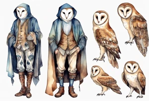 a thin man with long legs and the head of a barn owl wearing medieval pants and boots tattoo idea