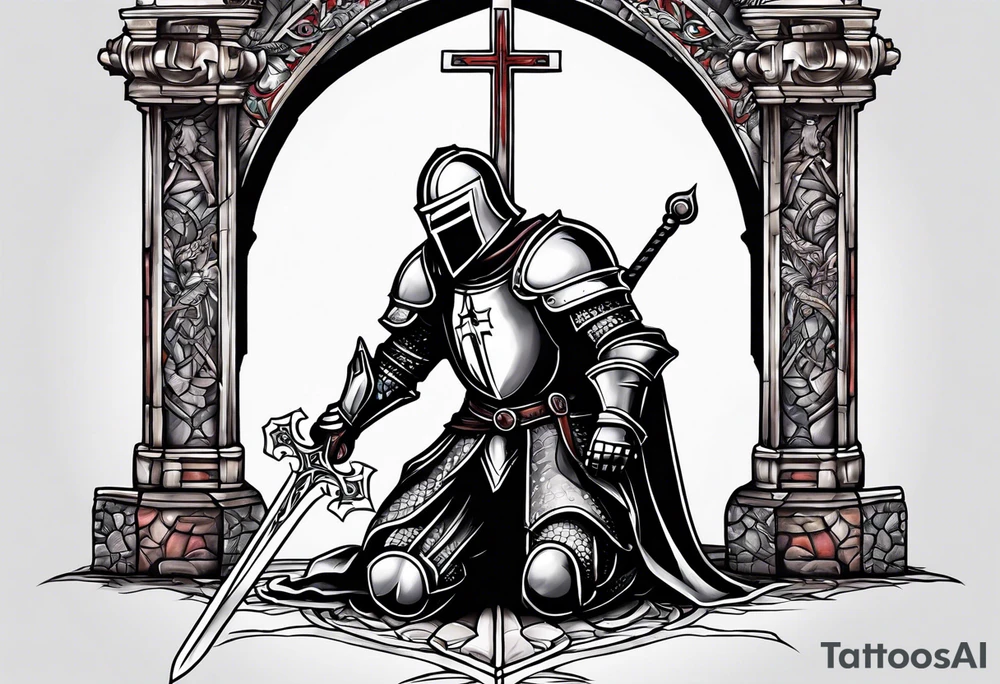 knight kneeling before the cross of Christ tattoo idea