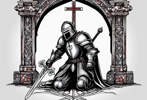 knight kneeling before the cross of Christ tattoo idea