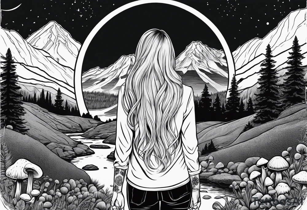 Whole picture encircled fully

Straight long blonde hair hippie girl in distance holding mushrooms in hand facing away toward mountains and creek surrounded by mushrooms long sleeve shirt and hiking pants; whole rendering within a full circle, no cut off circle tattoo idea