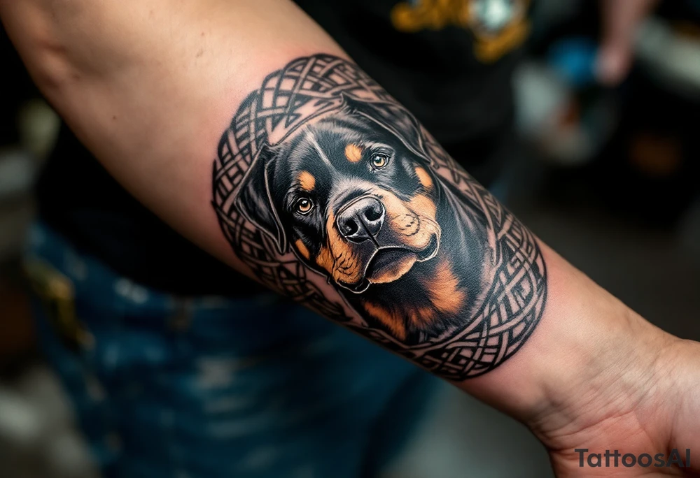 Rottweiler and Celtic Knot – A black and grey Rottweiler surrounded by intricate Celtic knotwork, symbolizing eternal loyalty and protection. tattoo idea