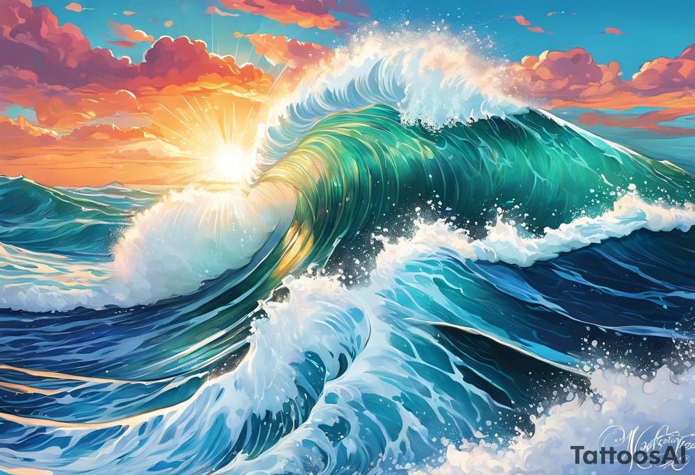 wave  "come what may" written underneath in cursive outside forearm not an oval tattoo idea