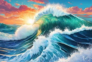 wave  "come what may" written underneath in cursive outside forearm not an oval tattoo idea