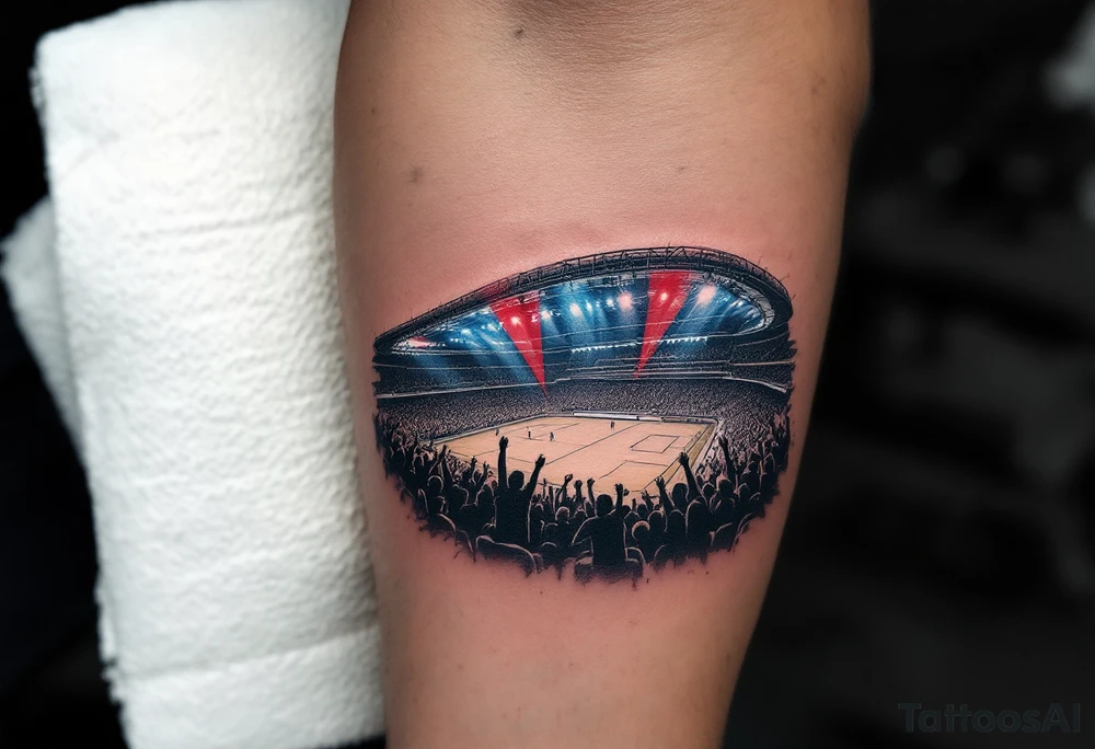 A forearm piece showing the HC Sparta arena lit in blue and red lights, with roaring crowd silhouettes. tattoo idea