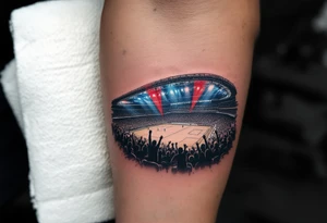A forearm piece showing the HC Sparta arena lit in blue and red lights, with roaring crowd silhouettes. tattoo idea
