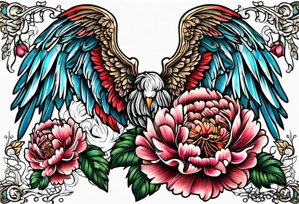 beautiful angel wings with colorful, peonies. beautiful flilligree in the background , full color, traditional old school , white background tattoo idea