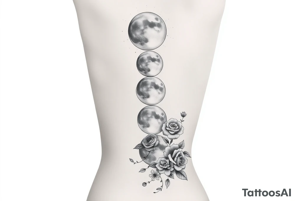 Each phase of the moon going down the spine there’s vines roses and different flowers down the side of each moon going down the spine tattoo idea