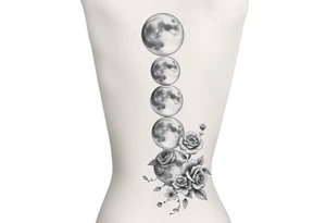 Each phase of the moon going down the spine there’s vines roses and different flowers down the side of each moon going down the spine tattoo idea