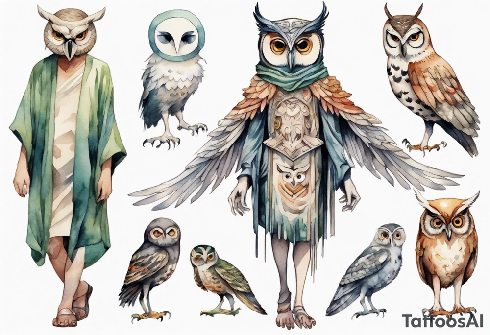 creature in a tunic wearing an owl mask walking in a forest with long thin legs, the feet of a bird, and wings instead of arms tattoo idea
