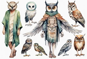 creature in a tunic wearing an owl mask walking in a forest with long thin legs, the feet of a bird, and wings instead of arms tattoo idea