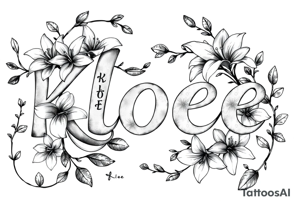 The word Kloee surrounded by lilies with the vines in letters tattoo idea