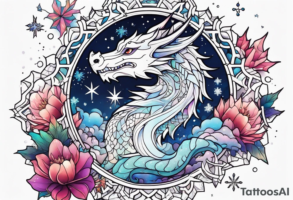 Constellation, kawaii dragon, snowflake tattoo idea
